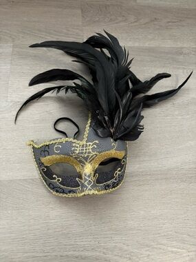 Black and Gold Feathered Venetian Masquerade Mask